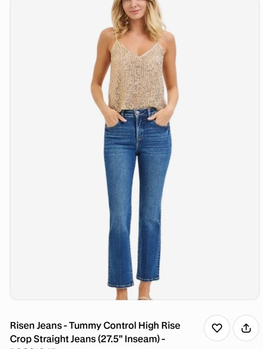 Risen Women's High Rise Tummy Control Straight Cropped Jeans - Dark Blue